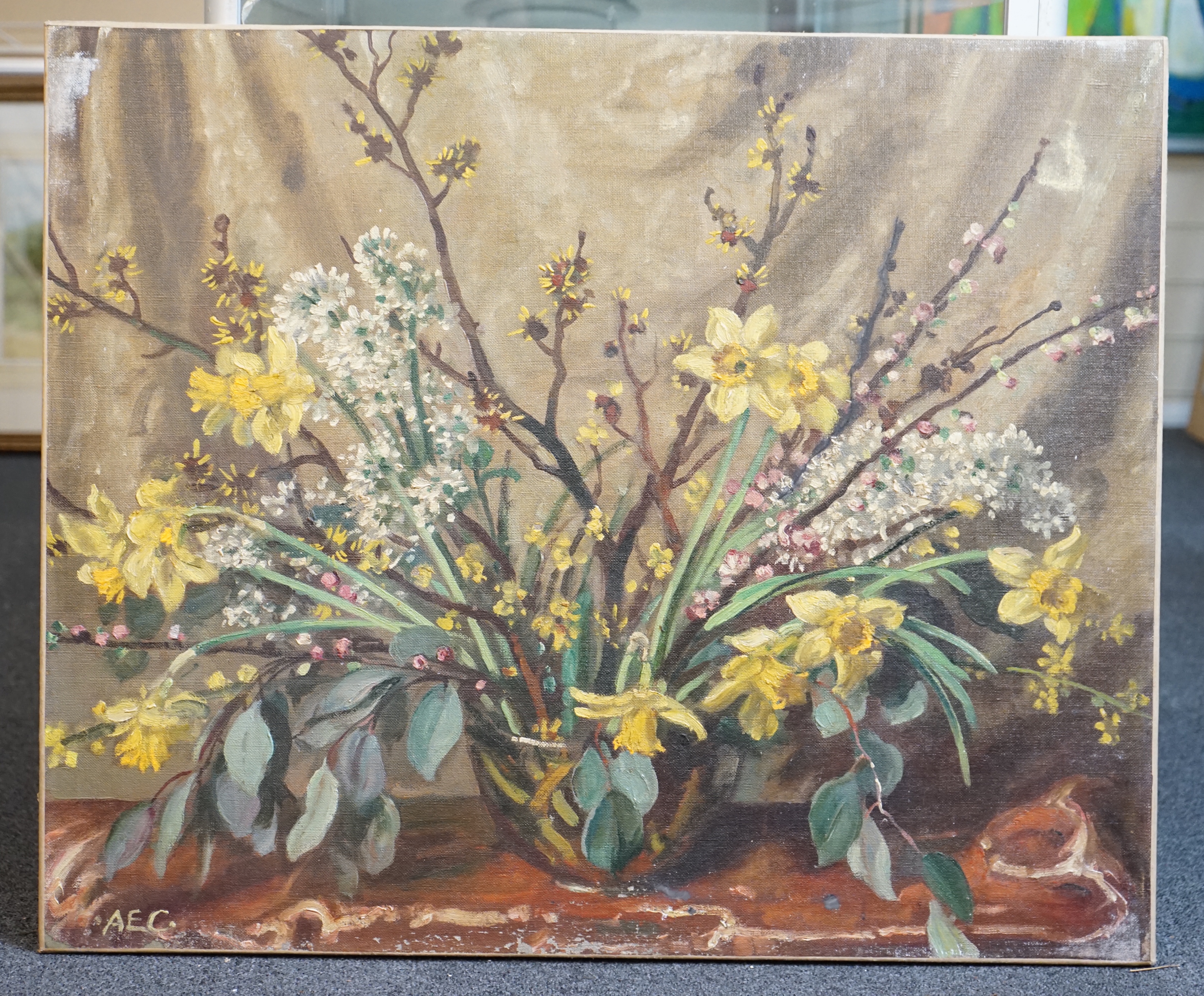 Alfred Egerton Cooper (1883-1974), Spring flowers in a vase, oil on canvas, 63 x 76cm, unframed
